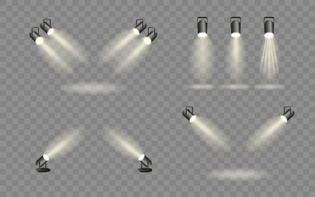 Spotlights set, stage and studio light, realistic hanging lamps. Spot lights and searchlights for concert. Vectorのイラスト素材