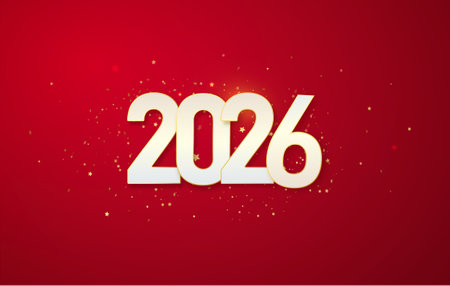 2026 gold metal number for New Year . Festive Christmas banner with falling confetti on bright background. Realistic Golden 3d number. Vectorのイラスト素材