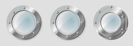 .Realistic Illustration of metal porthole of various shape on transparent background isolated vector illustration.のイラスト素材