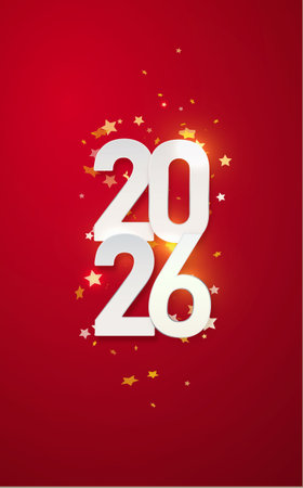 2026 gold metal number for New Year . Festive Christmas banner with falling confetti on bright background. Realistic Golden 3d number. Vectorのイラスト素材