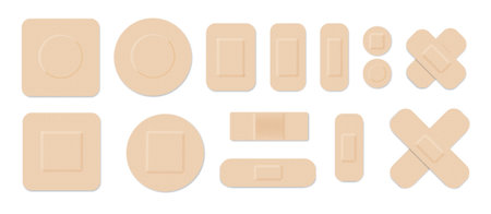 Medical plasters. Bandages set. Adhesive bandage for first aid for wounds operations and skin injuries. Protecting open wound from infection. Vectorのイラスト素材