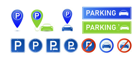 Car parking eco electric icon set. Parking and traffic signs isolated on white background. Map parking pointer. Vectorのイラスト素材