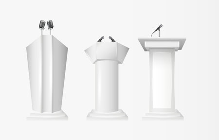 White Podium Tribune Rostrum Stands with Microphones. Podium tribune with microphones isolated for business presentation, conference. Vectorのイラスト素材