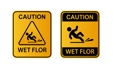 Wet floor signs. Hazard slippery surface wet floor sign. Caution orange signs plate. Vectorのイラスト素材