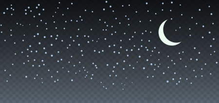 Shining night starry sky dark space background with stars. Vector isolated on transparentのイラスト素材
