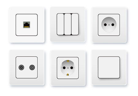 Realistic socket and switch. Interior wall outlets or electric connectors. Switches and sockets set Different square types. Vectorのイラスト素材