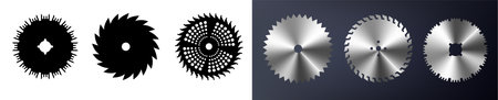 Circular saw blade. Round carpentry tool icons. Industrial rotary wheels. Vectorのイラスト素材