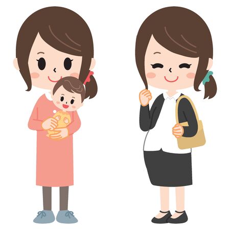 A housewife working while pregnant with a parenting womanのイラスト素材