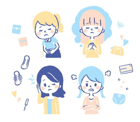 Illustration set where women suffer from menstruationのイラスト素材