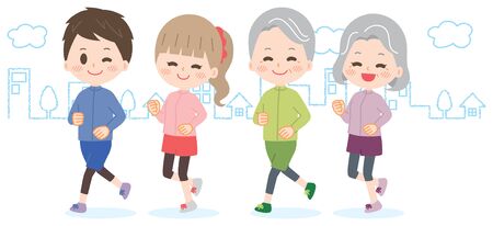Illustration set of people walking and joggingのイラスト素材