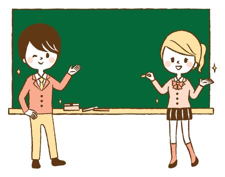 Illustration set of students with blackboardのイラスト素材