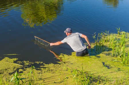 Velyka Rublivka village, Poltavskaya oblast, Ukraine - August 28, 2016: Mature fisherman inspecting small net on river Merla at summer dayのeditorial素材
