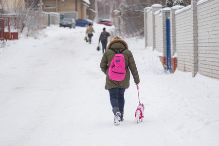 DNEPR, UKRAINE - DECEMBER 03, 2016:Schoolgirl walking with small dog on a snowy street in Dnepr, Ukraine at December, 03 2016のeditorial素材