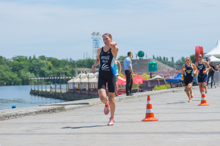 DNIPRO, UKRAINE - June 03, 2018:Winner (Tjasa Vrtacic, Slovenia) competing at the women's race during Dnipro ETU Triathlon Junior European Cup,  Dnipro, Ukraineのeditorial素材