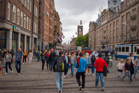 Amsterdam, Netherlands - August 09, 2016: Part of Dam Square with pedestrians in center of Amsterdam at summer seasonのeditorial素材