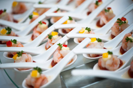 Shrimp cocktails are prepared in spoonsの写真素材