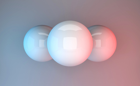 White glossy balls or spheres isolaed on gradient background with red and blue lights. Light box reflection in balls.の写真素材