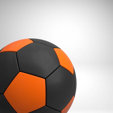 3D rendering of soccer ball. Black and orange hexagons. isolated soccer ball on white background.の写真素材