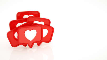 Several like social media notification with heart icon on white background with reflectionの写真素材