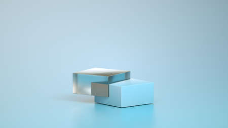 Product display platform. Two steps transparent glass and plastic blue rough textured podium...