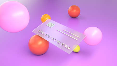 Glassmorphism bank card in popular Frosted Glass style. For banners, websites, apps and other modern ui design projects. 3d rendering.の写真素材