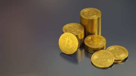 Stack of bitcoins with gray table background with a single coin facing the camera in sharp focus with shading on the icon letter B on the face of the bit coin. 3d rendering.の写真素材