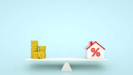Mortgage concept idea. Balancing of coin stacks and house model with percent sign on the small seesaw. 3d illustration.の写真素材