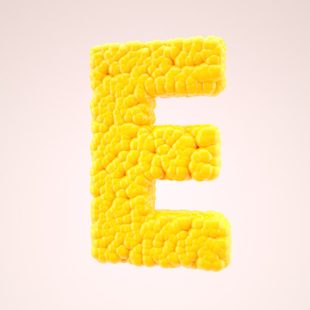 Letter E in a yellow sweet corn style. Vegetable alphabet or bubbles font. 3d illustration.の写真素材