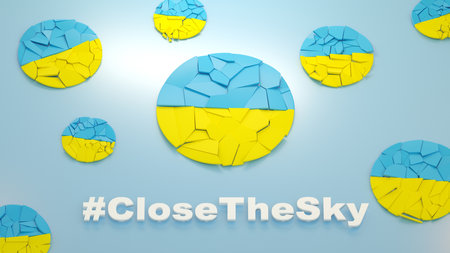 Ukrainian symbols in the national colors blue and yellow lying broken on the floor after bombing. Ukraine Russia war. 3d renderingの写真素材