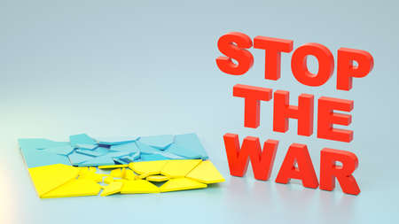 Broken Ukrainian flag and stop the war words. 3D renderingの写真素材