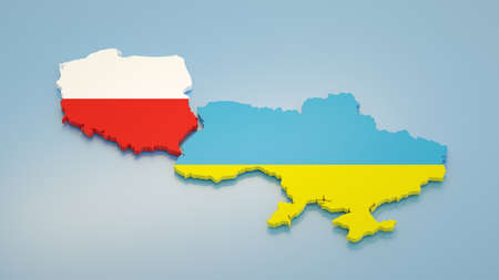Political map of Ukraine and Poland common border. Poland support to Ukraine during war. European charity. 3d renderingの写真素材
