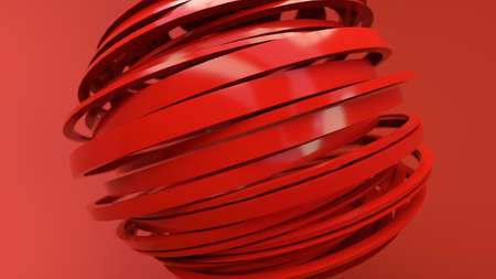 Sliced red sphere on a red background. Chaotic sphere rings of sliced ball like an abstract model. 3d illustrationの写真素材