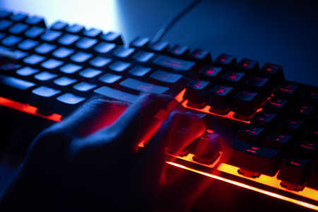 Side view of gamer playing game on mechanical RGB keyboard. Blurred fingers in motion, display ...
