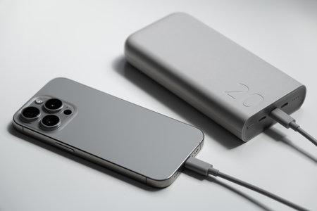Big powerbank charging smartphone fast. Power delivery fast charge technology using modern type-c...