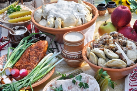 traditional ukrainian food in assortment in festive decorating の写真素材