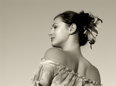 young female portrait in sepiaの写真素材