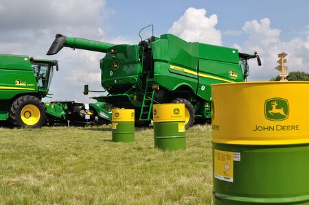 Cherkasy, Ukraine - May 18, 2018: Modern John Deere combines  exhibited at the  agricultural...