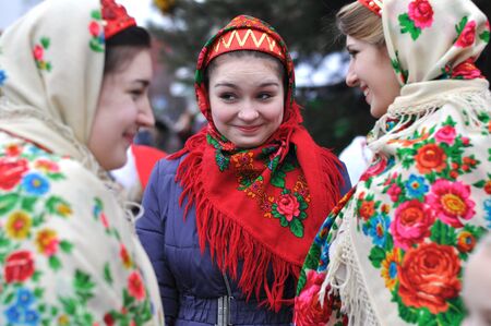 Cherkasy, Ukraine,January,14, 2014:Teen girls  dressed in traditional ukrainian clothes took part in...