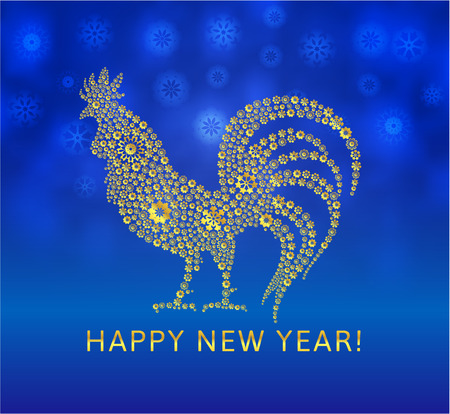 Rooster vector illustration. Symbol of 2017 by the Chinese calendar. Gold cock with snowflakes on blue background.のイラスト素材