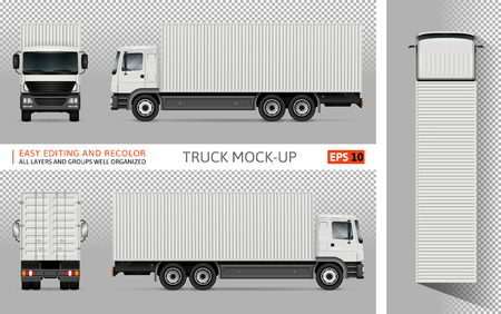 Container truck vector mock-up for advertising, corporate identity. Isolated cargo transport template on transparent background. Vehicle branding mockup. View from side, front, back, top.のイラスト素材