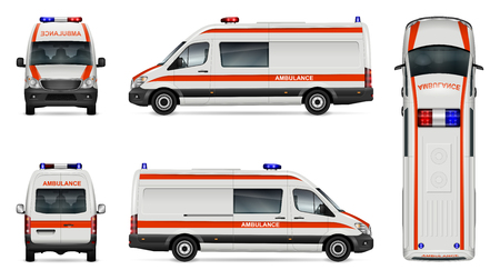 Ambulance car vector mock-up isolated template of medical van on white background. Vehicle branding mock up, side, front, back, top view. All elements in the groups on separate layers easy to edit and recolor.のイラスト素材