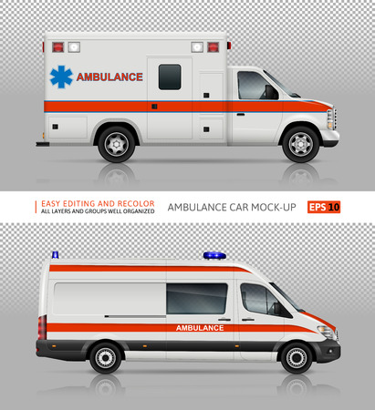Ambulance cars vector mock-up for advertising, corporate identity. Isolated medical vans template on transparent background. Vehicle branding mockup.のイラスト素材