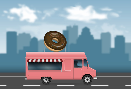 Donut truck on the blurred city background.のイラスト素材