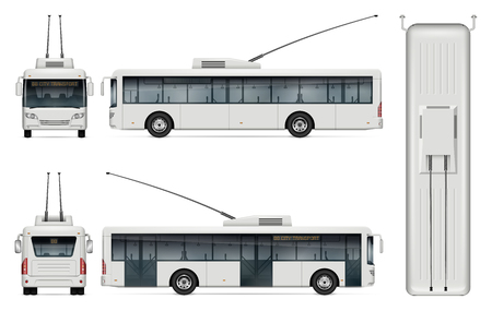 Trolleybus vector mockup on white background for vehicle branding, corporate identity. View from left, right, front, back, top sides. All elements in the groups on separate layers for easy editing and recolor.のイラスト素材