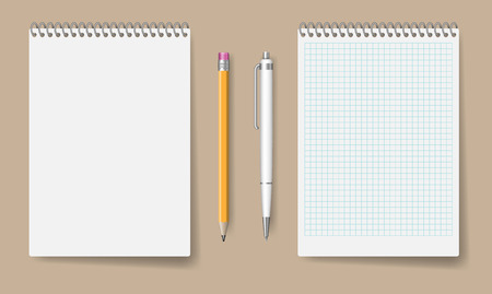 Blank spiral notebook mockup for corporate identity and branding. Realistic notepad with pen and pencil isolated vector illustrationのイラスト素材
