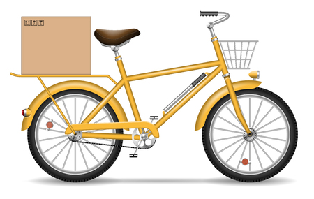 Realistic vector bicycle with carton box and basket on white background. Isolated yellow delivery bike side view.のイラスト素材