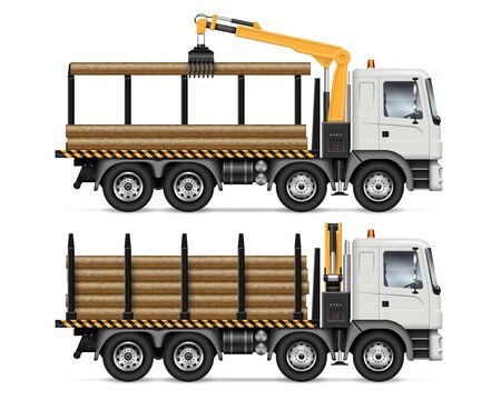 Logging truck side view isolated on white background. Forestry and wood production vehicle vector mockup. All elements in the groups on separate layers for easy editing and recolorのイラスト素材