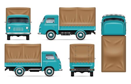 Realistic old truck vector mockup. Isolated template of the van on white for vehicle branding, corporate identity. View from left, right, front, back, and top sides, easy editing and recolor.のイラスト素材