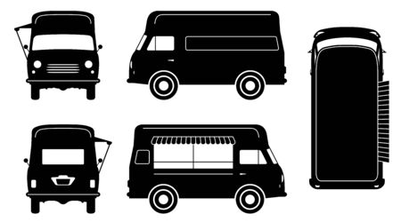 Vintage food truck silhouette on white background. Vehicle icons set view from side, front, back, and topのイラスト素材