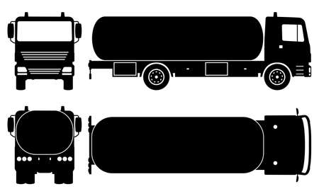 Tanker truck silhouette on white background. Vehicle monochrome icons set view from side, front, back, and topのイラスト素材